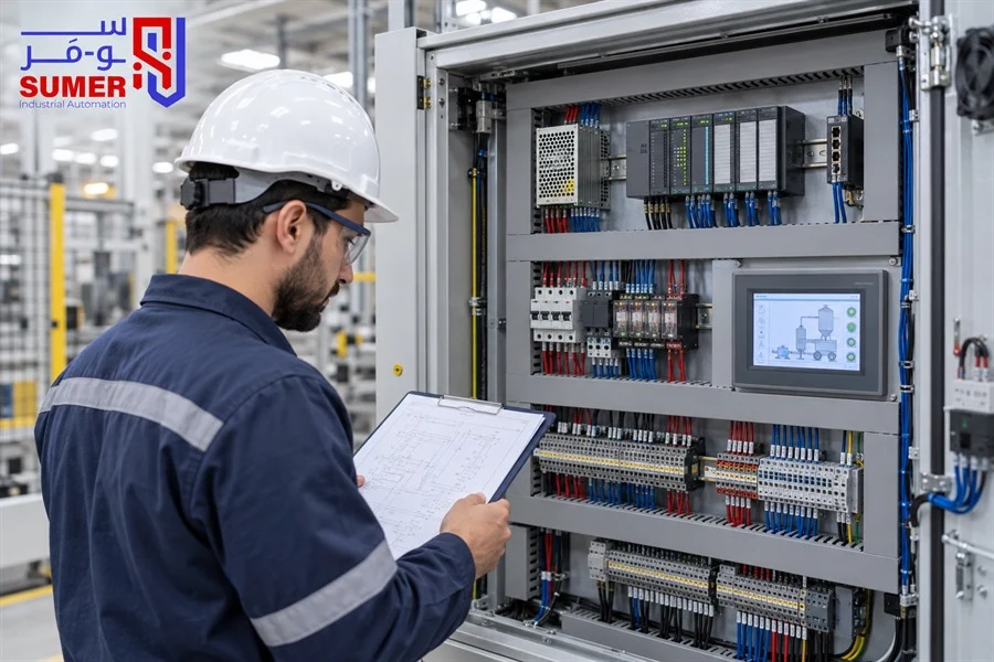 مهندس يفحص Power Supply 24V ومكونات لوحة التحكم