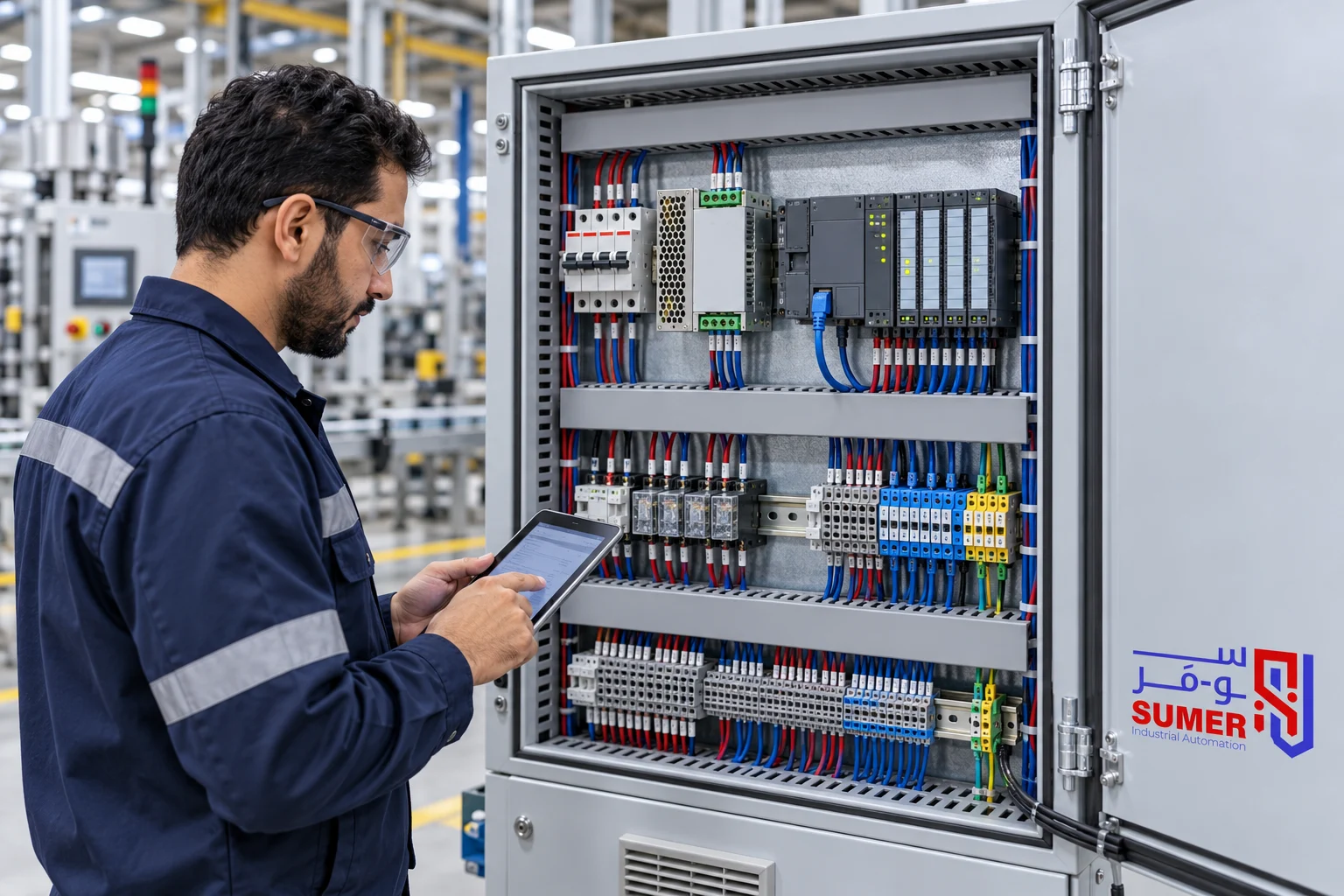 مهندس يفحص لوحة PLC صناعية من SUMER داخل مصنع