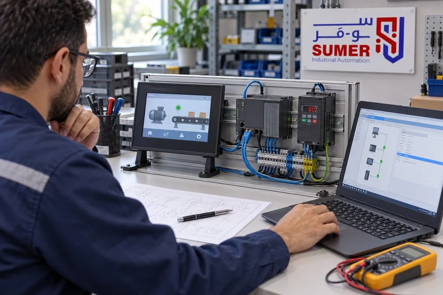 اختبار توافق شاشة HMI مع PLC وانفرتر داخل معمل أتمتة